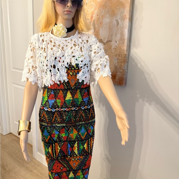Colorful Geometric Pattern Dress with White Lace Top - Picture 1 of 2